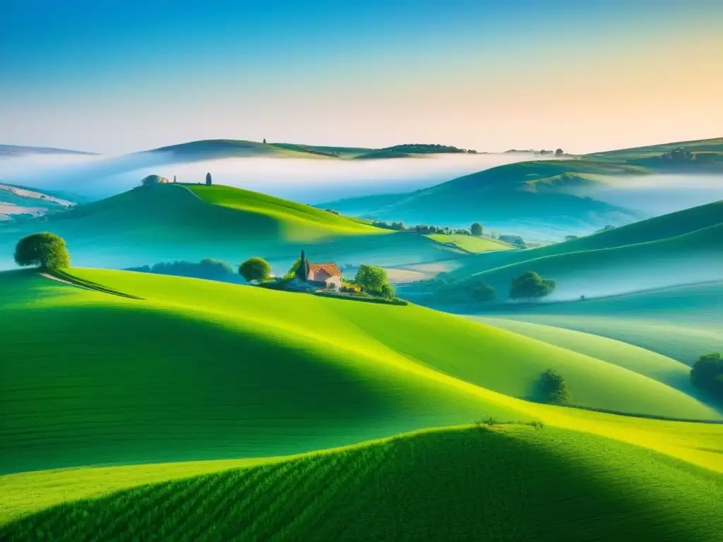 Paisaje campestre: inversión inigualable en turismo rural Imagen detallada de un paisaje campestre verde con colinas, un pueblo pintoresco al fondo y cielo azul