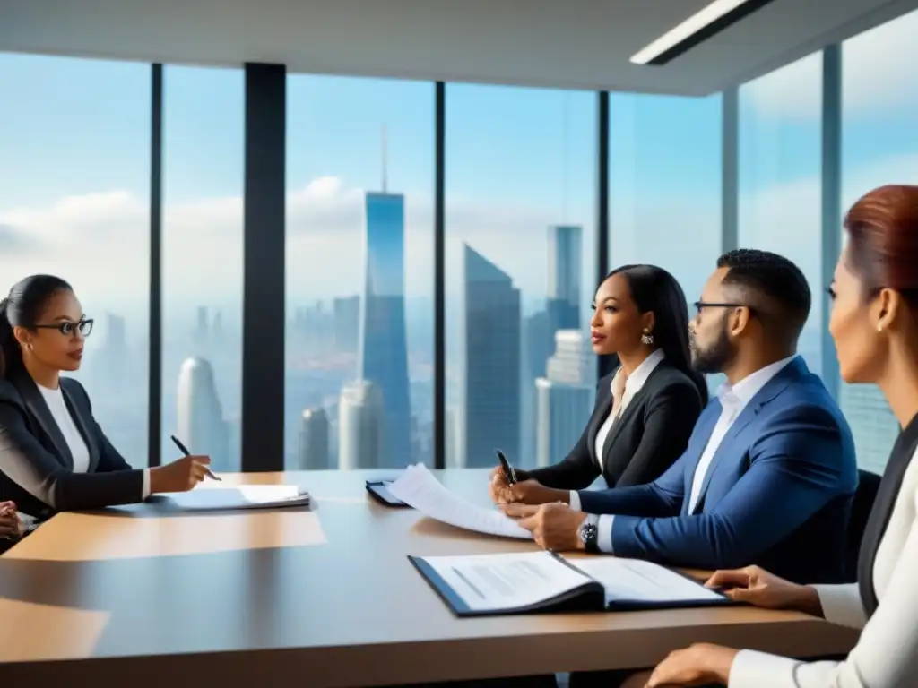 Profesionales debaten inversiones en timeshare en moderna oficina Una imagen detallada y profesional de expertos en inversión en tiempo compartido legal discutiendo en una oficina moderna