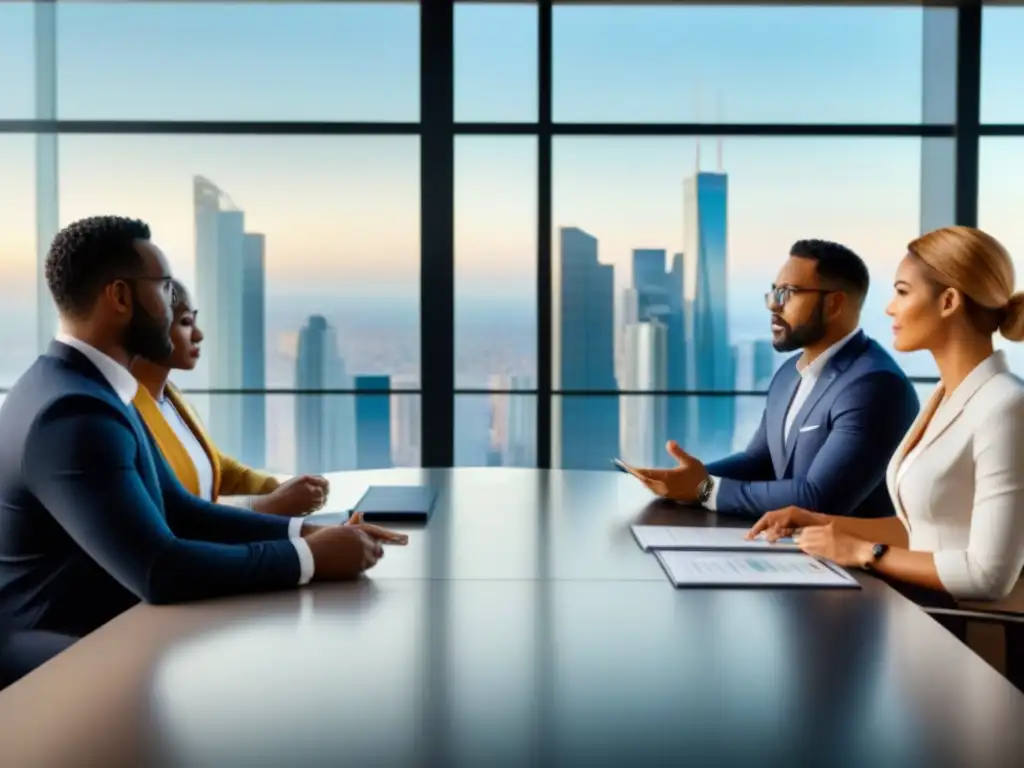 Estrategias financieras para reconstrucción de propiedades: reunión de profesionales en sala de juntas moderna Una imagen detallada de profesionales diversos en sala de juntas moderna, discutiendo estrategias financieras para reconstrucción inmobiliaria