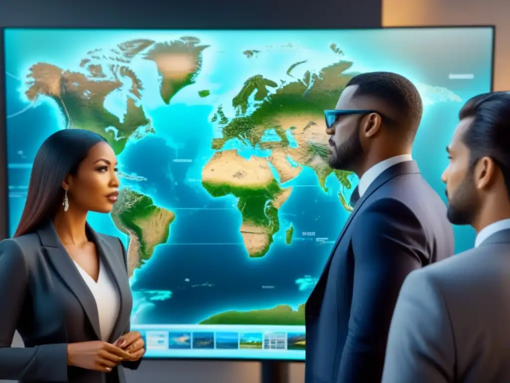 Profesionales globales debaten estrategias inmobiliarias Una imagen detallada de profesionales internacionales discutiendo estrategias de inversión en el mercado inmobiliario global, frente a un mapa holográfico futurista