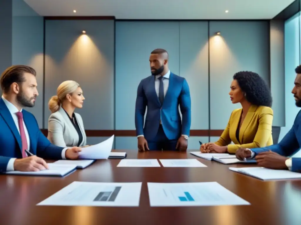 Una imagen detallada de profesionales en una sala de juntas moderna, negociando con intensidad