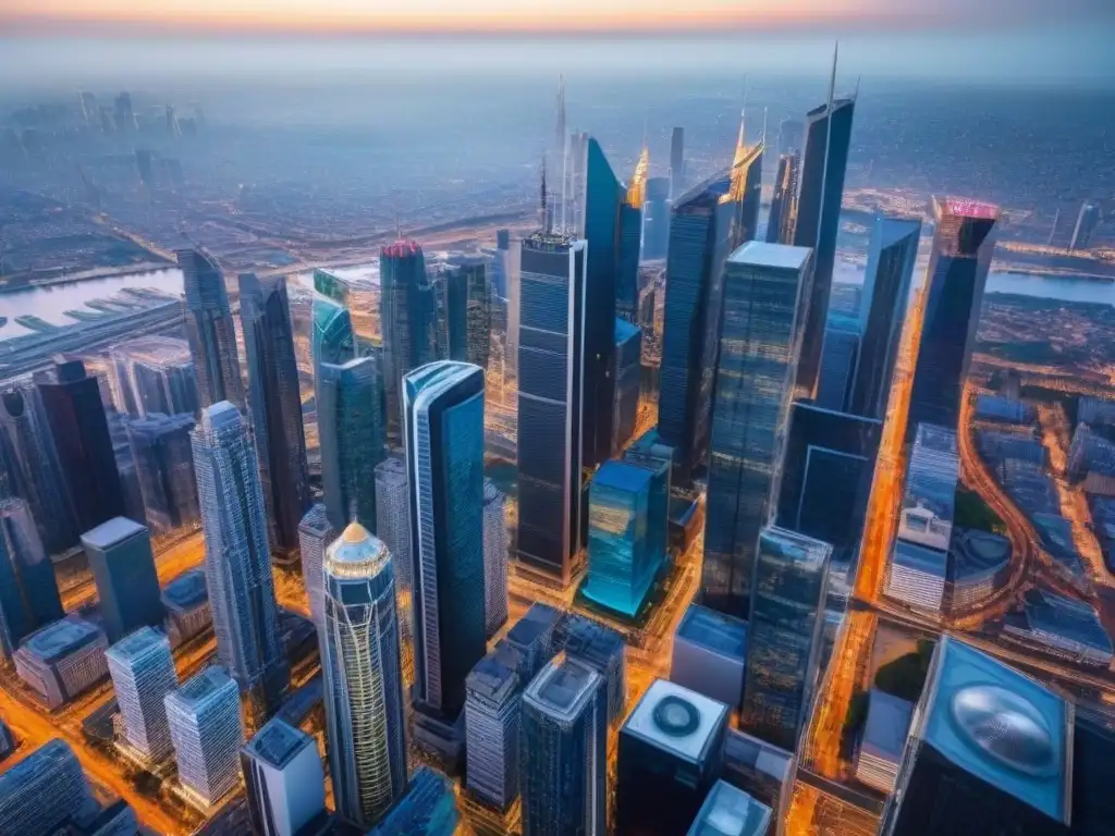 Distrito comercial vibrante: vista aérea ultradetallada de ciudad global La imagen muestra un distrito comercial moderno y vibrante en una ciudad global, con rascacielos, oficinas y calles llenas de gente y tráfico