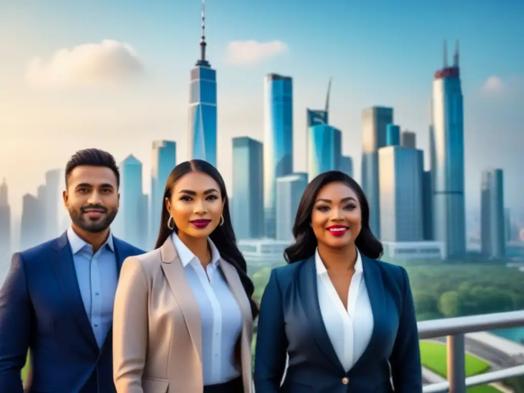 Inversionistas globales frente a la ciudad: diversidad y profesionalismo Una imagen diversa de inversores globales frente a un skyline urbano, representando las tendencias vivienda mercado inmobiliario internacional