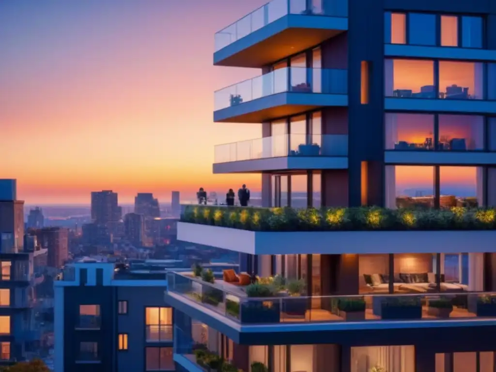 Inversión millennial: Edificio moderno al atardecer La imagen muestra un edificio moderno con atardecer vibrante, reflejando la inversión en tu primera propiedad