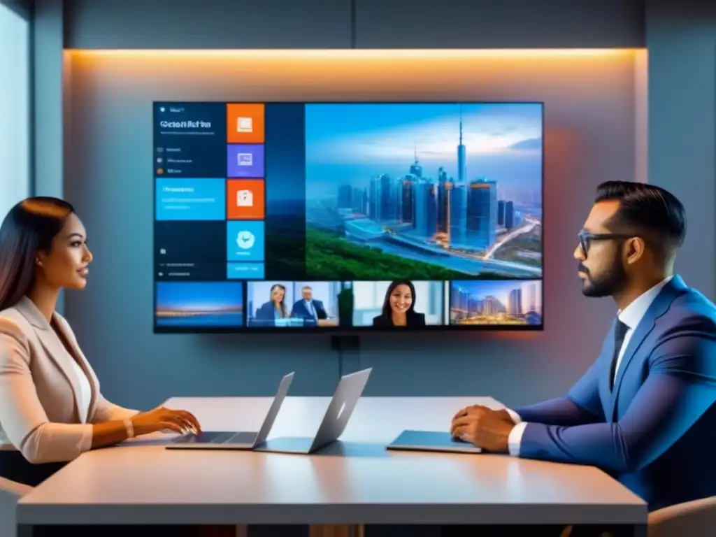 Innovación inmobiliaria: reunión virtual de profesionales diversos Una imagen futurista de profesionales divers@s en una reunión virtual, compartiendo consejos de inversión en el mercado inmobiliario internacional