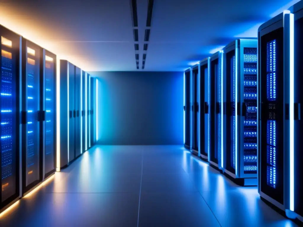 Servidores de nube ultradetallados: Futurista y seguro Una imagen futurista de una sala de servidores en la nube, mostrando tecnología avanzada y seguridad