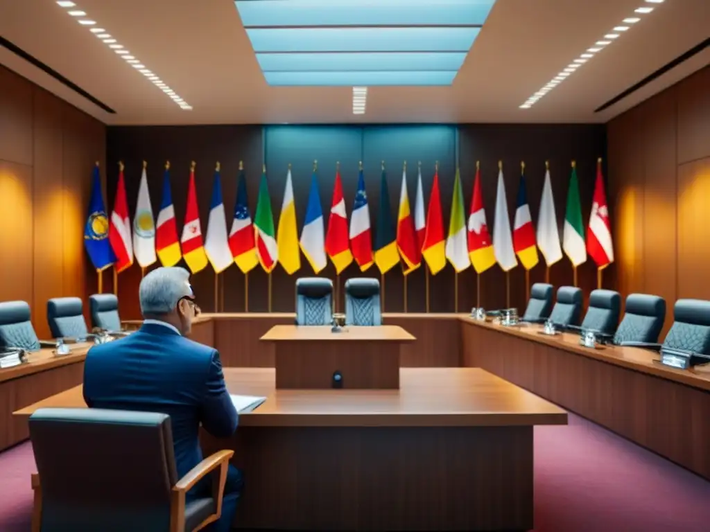 Corte Futurista: Abogados debaten documentos inmobiliarios internacionales Una imagen impactante de abogados discutiendo documentos inmobiliarios en un tribunal moderno y futurista con banderas internacionales
