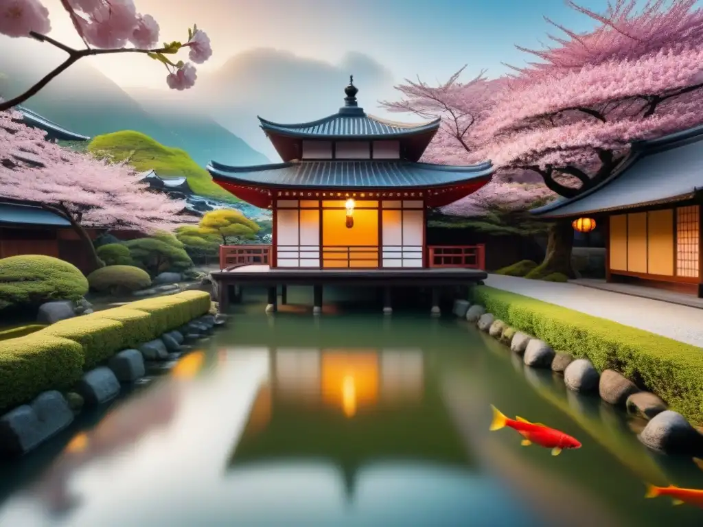 Teahouse japonés entre cerezos en flor y peces koi Imagen impactante de casa de té japonesa rodeada de cerezos en flor y estanque con peces koi
