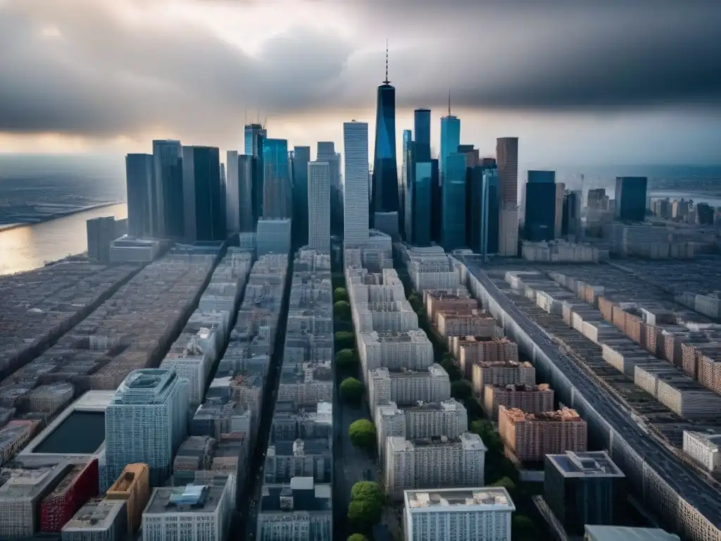 Crónica urbana: crisis financiera en la ciudad Imagen impactante de una ciudad durante crisis financiera, reflejando el impacto de políticas en el mercado inmobiliario