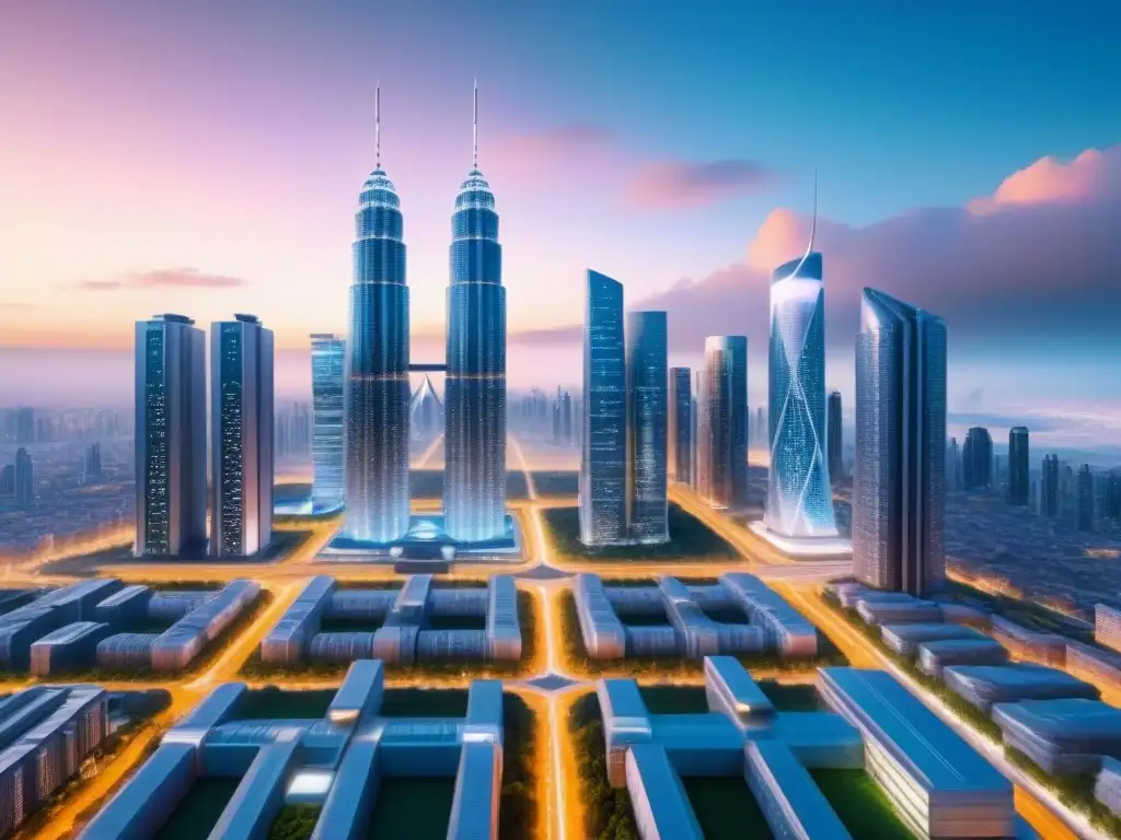 Metrópolis futurista: innovación y armonía en inteligencia artificial Imagen impactante de una ciudad futurista con rascacielos modernos, iluminada por un resplandor etéreo