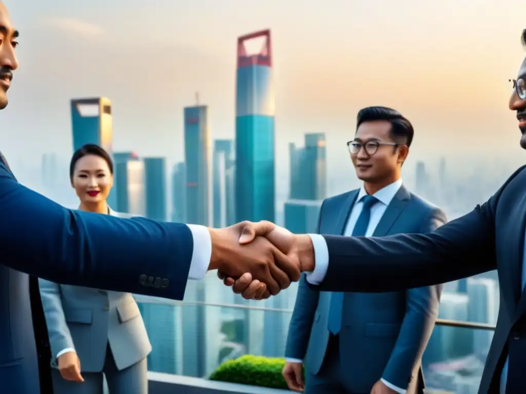Acuerdos empresariales globales en Asia: diversidad y modernidad Una imagen impactante de empresarios de diferentes culturas, con trajes profesionales, frente a un horizonte moderno en Asia