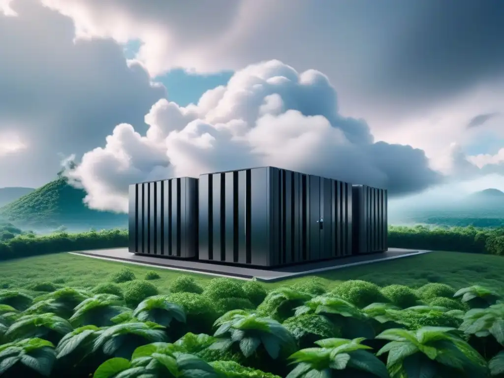 Servidores en la nube eco-amigables: tecnología y sostenibilidad Imagen impactante de una granja de servidores de nube sostenible, fusionando tecnología y naturaleza