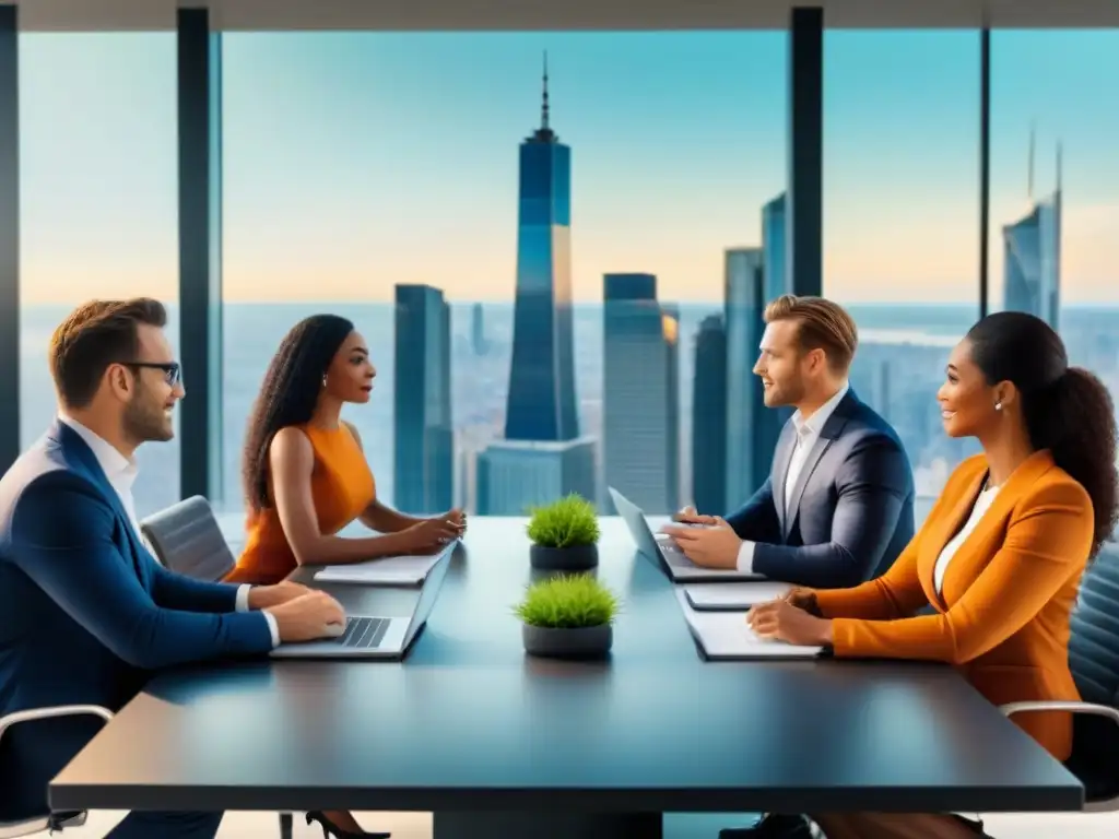 Inversionistas globales debaten en moderno boardroom Una imagen impactante de inversores diversos en una sala de juntas moderna, discutiendo inversiones inmobiliarias alternativas internacionales