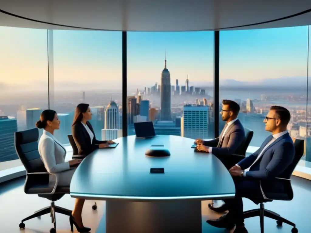 Inversores globales: Estrategias innovadoras en alta definición Una imagen impactante de inversores globales reunidos en una moderna sala de juntas, discutiendo estrategias financieras