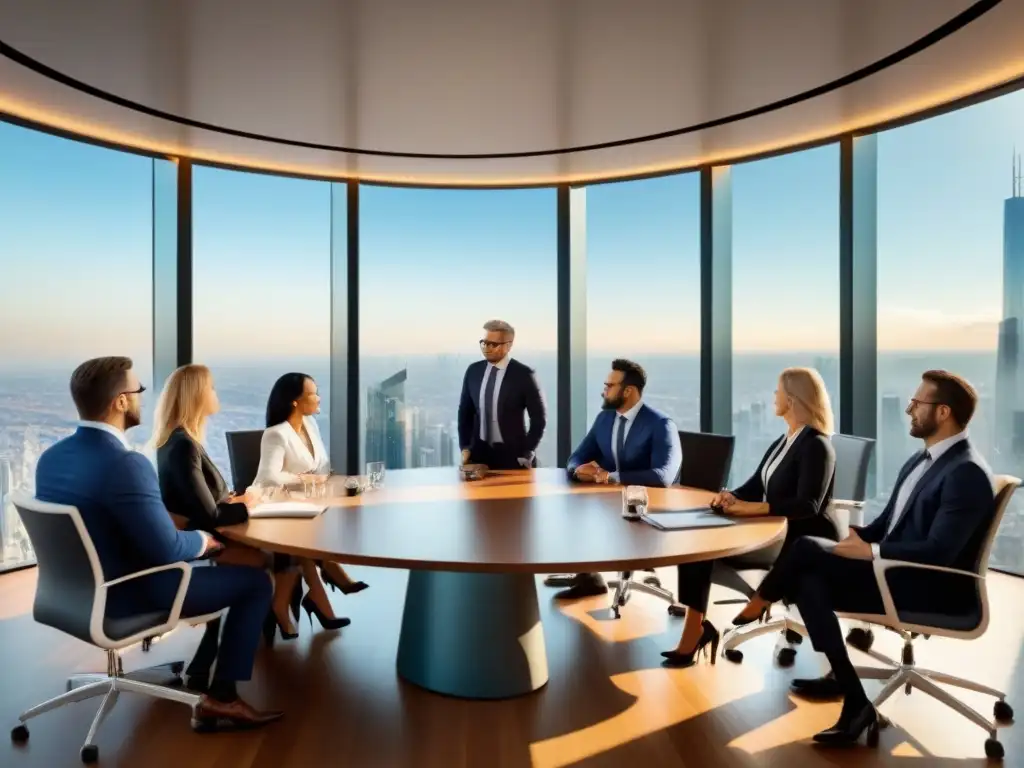 Inversionistas internacionales en sala de juntas: estrategias legales para inversiones inmobiliarias globales Una imagen impactante de inversores internacionales en una sala elegante, discutiendo estrategias legales para bienes raíces internacionales