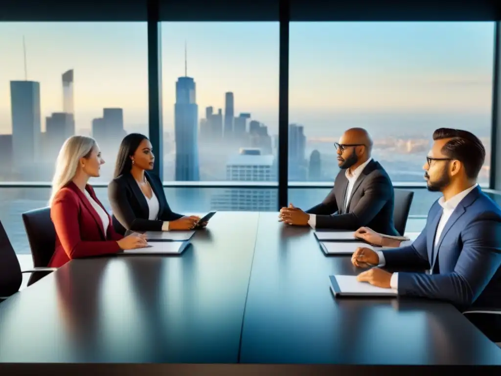 Inversión inmobiliaria internacional: reunión estratégica en oficina contemporánea Una imagen impactante de profesionales diversos en traje de negocios, discutiendo estratégicamente en una oficina moderna con vista a la ciudad