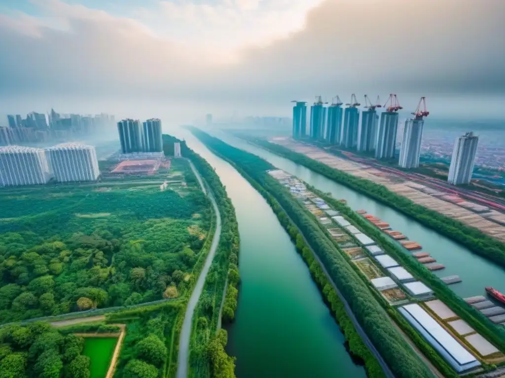 Contraste urbano-natural: crecimiento de la ciudad entre la naturaleza La imagen muestra el impacto ambiental de desarrollos inmobiliarios en una ciudad bulliciosa rodeada de vegetación exuberante