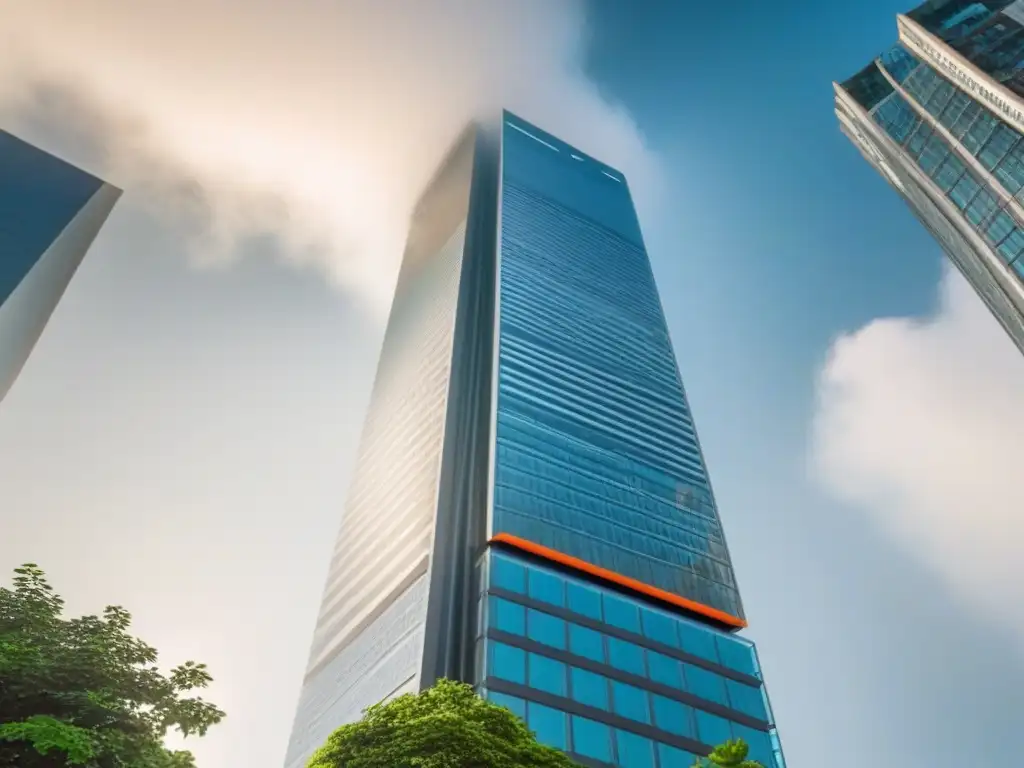 Inversión inmobiliaria: impacto de las fluctuaciones monetarias en un rascacielos futurista rodeado de exuberante vegetación La imagen muestra impacto de fluctuaciones cambiarias en inversión inmobiliaria con un rascacielos moderno rodeado de exuberante vegetación