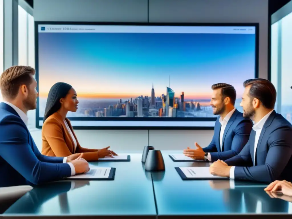 Inversores globales debaten tendencias en sala futurista Una imagen impresionante de inversores internacionales discutiendo tendencias del mercado en una sala futurista con vista a la ciudad