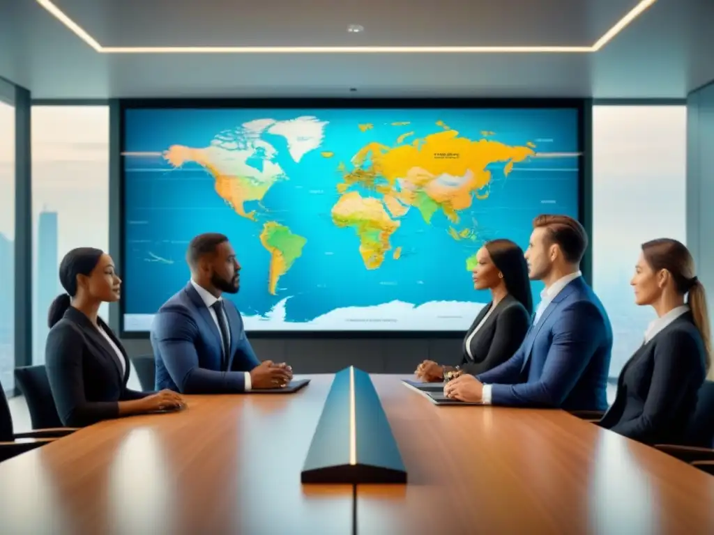 Profesionales diversificados discuten estrategias de inversión global en sala moderna Una imagen inspiradora de profesionales debatiendo estrategias de inversión inmobiliaria internacional en una sala luminosa y moderna