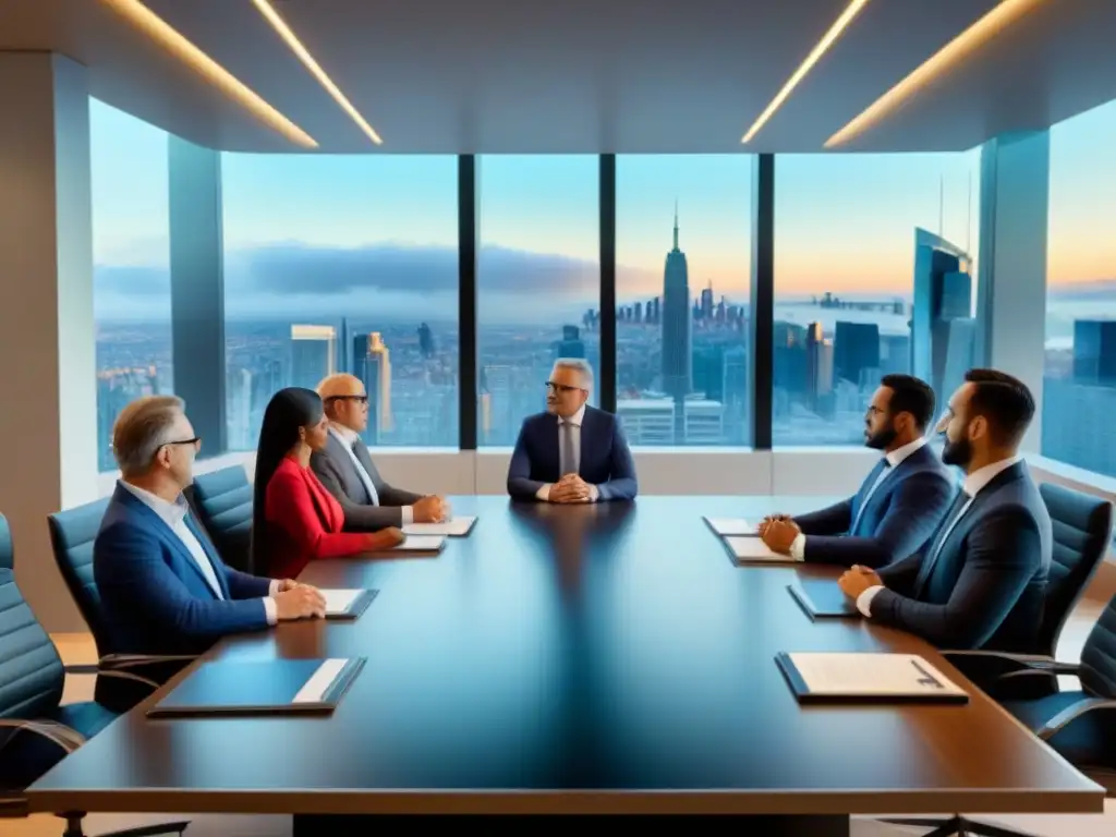 Inversionistas globales debaten estrategias inmobiliarias Una imagen de inversores diversificados en una reunión, discutiendo estrategias de inversión entre políticas de inmigración y oportunidades globales