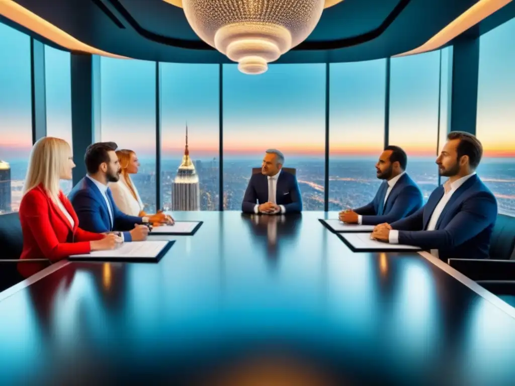 Inversionistas inmobiliarios globales en negociaciones futuristas Una imagen de inversores inmobiliarios internacionales en negociaciones en un elegante entorno futurista, destacando la globalidad de las inversiones
