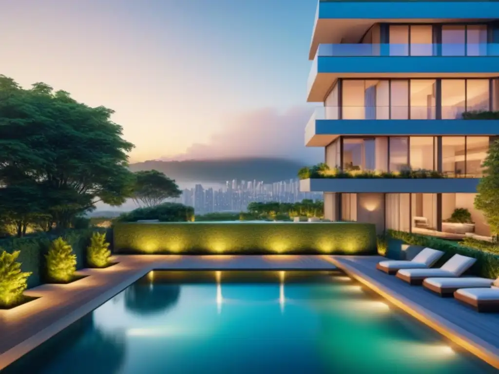 Edificio de lujo con piscina y jardín en atardecer urbano Imagen de lujo: moderno edificio de apartamentos con piscina y jardín, reflejando las mejores estrategias venta propiedades multifamiliares