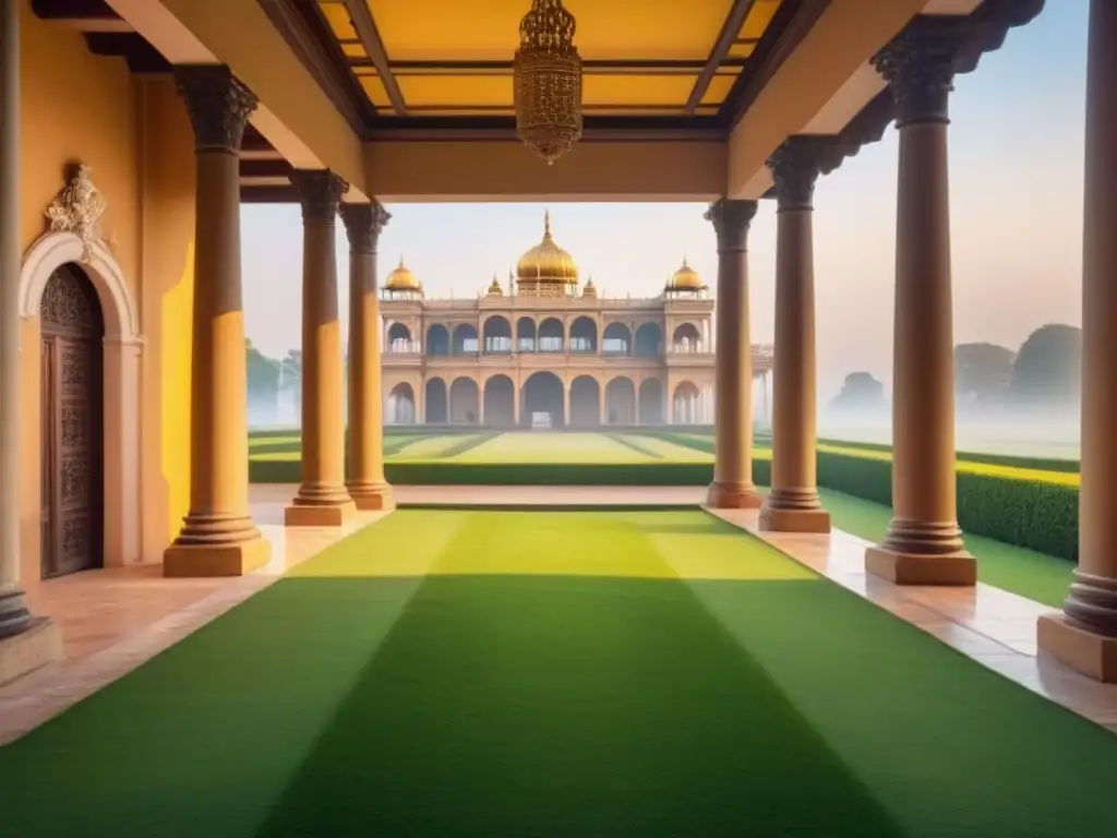 Palacio histórico: majestuosidad y lujo en venta Imagen de un majestuoso palacio histórico con detalles arquitectónicos intrincados y jardines extensos, bañado en luz dorada, ideal para comprar palacios históricos internacionales
