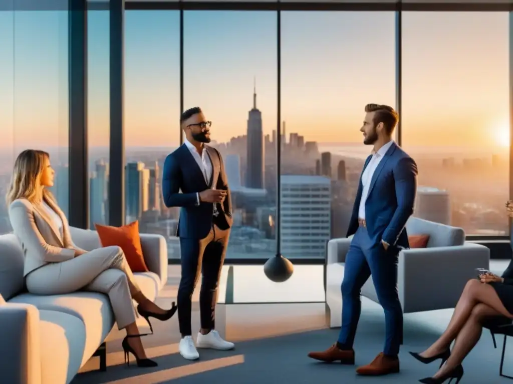 Jóvenes profesionales debaten inversiones inmobiliarias en oficina moderna Una imagen moderna de millennials diversificados discutiendo sobre inversión segura bienes raíces en una oficina con vista a la ciudad al atardecer