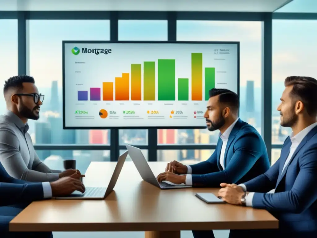 Reunión innovadora sobre estrategias de pago anticipado de hipotecas Una imagen moderna de expertos financieros debatiendo estrategias de pago anticipado hipoteca extranjero en una oficina contemporánea