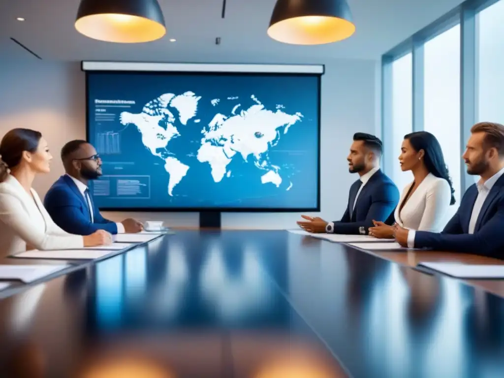 Profesionales diversificados debatiendo estrategias de inversión inmobiliaria en un entorno moderno y luminoso Una imagen moderna de profesionales discutiendo estrategias de inversión en bienes raíces, con un mapa mundial y planos de propiedades