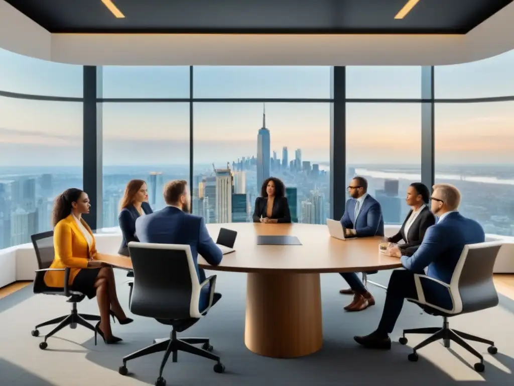 Profesionales globales debaten estrategias inmobiliarias Una imagen moderna de profesionales reunidos en una mesa de conferencias, discutiendo sobre inversión inmobiliaria internacional