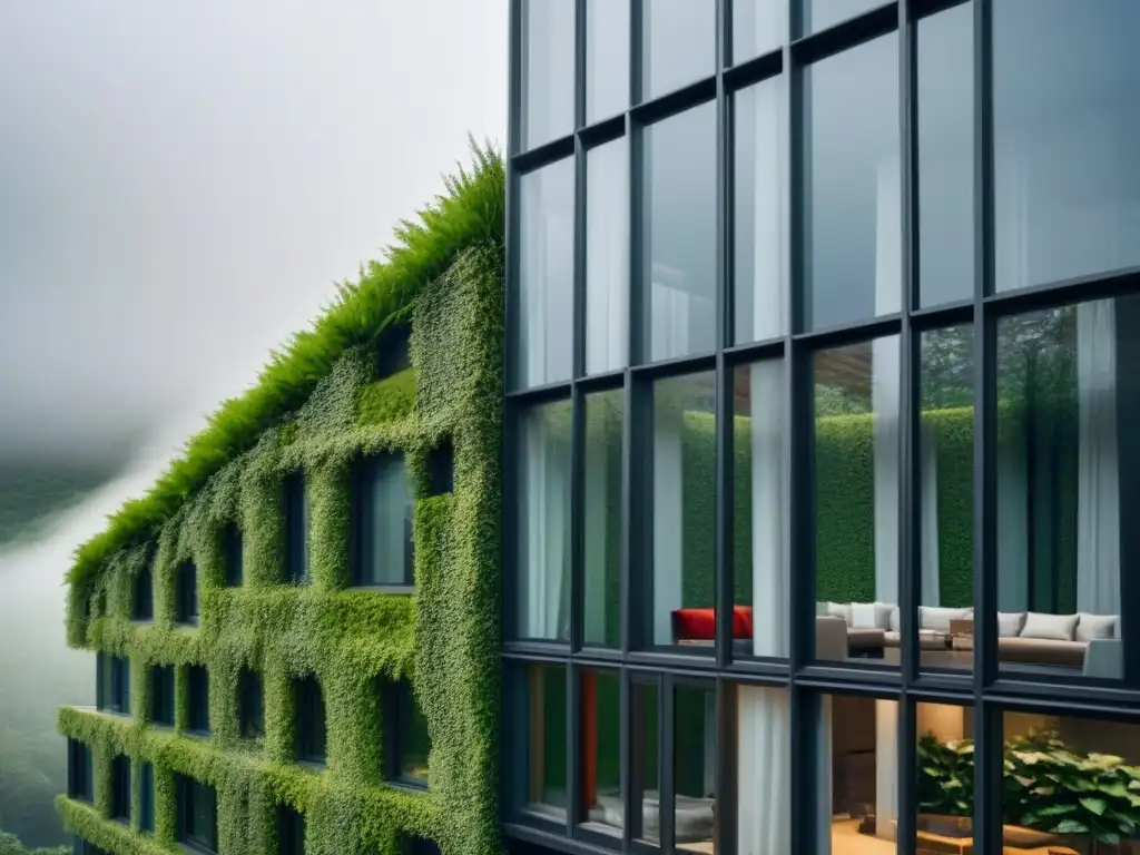 Arquitectura sostenible: obra maestra bioclimática en 8k Imagen: Una obra maestra arquitectónica moderna y sostenible, con grandes ventanales para luz natural, muros verdes y paneles solares integrados