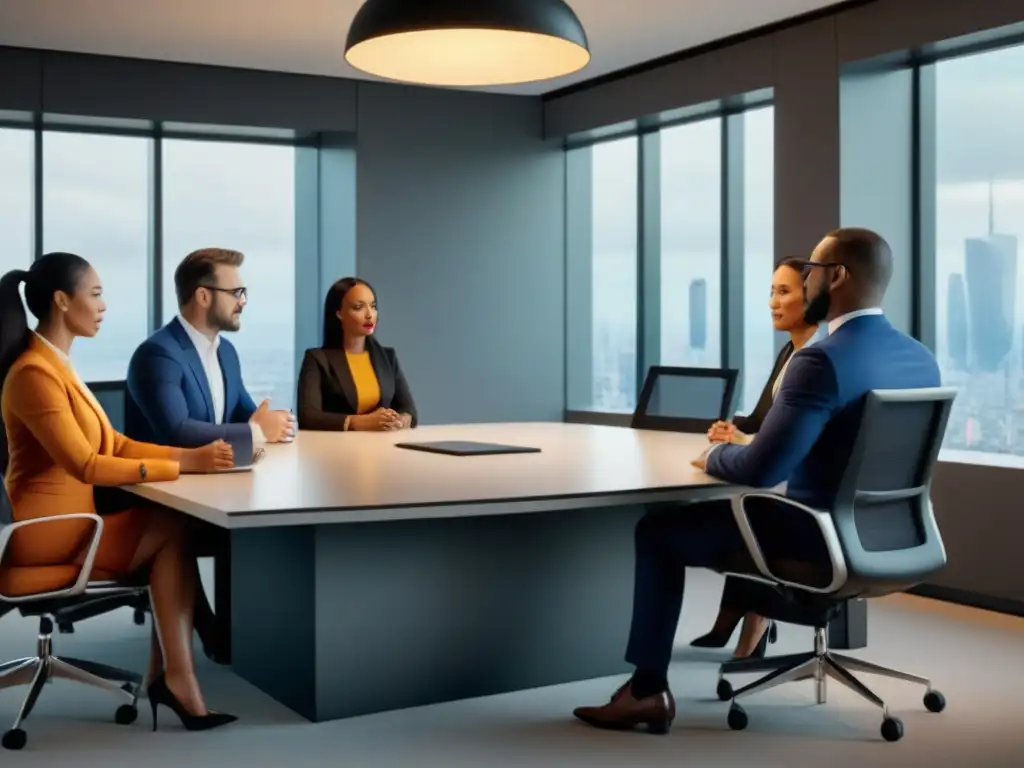 Profesionales inmobiliarios globales negociando en oficina elegante Una imagen de profesionales inmobiliarios de diversas culturas negociando en una oficina elegante
