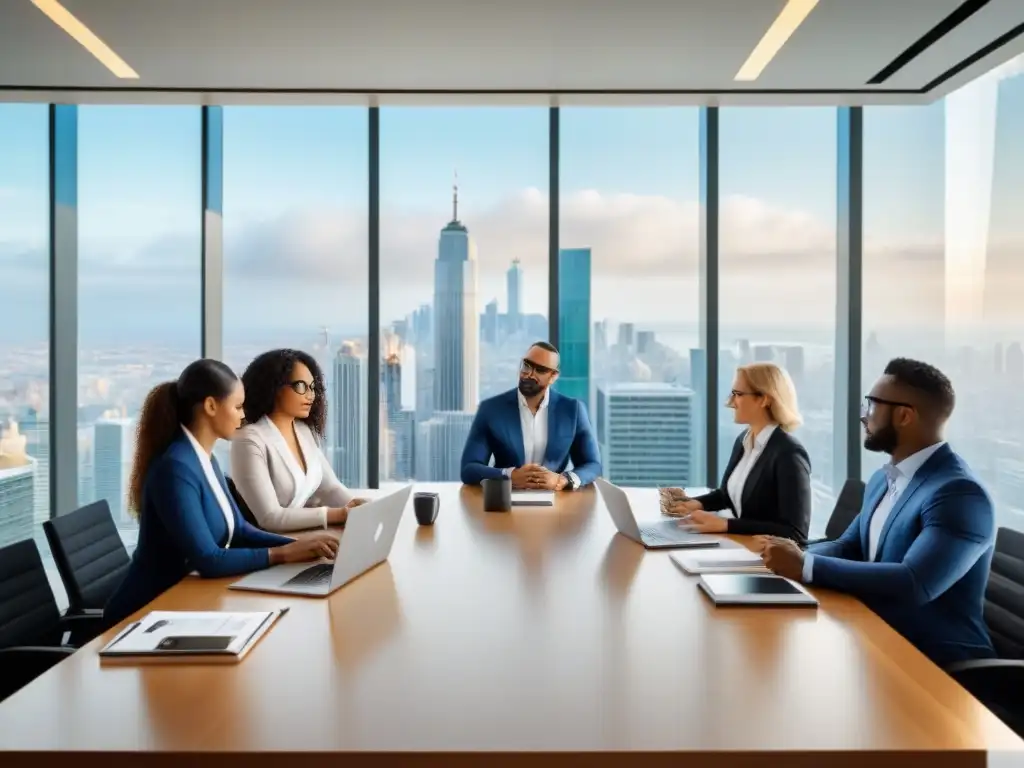Reunión estratégica de profesionales en oficina de alto nivel Una imagen de profesionales en trajes de negocios, discutiendo estrategias en una oficina elegante con vista a la ciudad