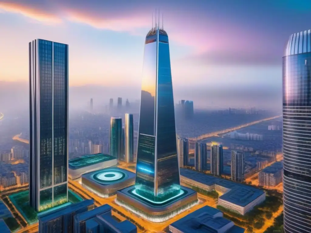 Rascacielos futurista: símbolo de innovación y vitalidad urbana La imagen muestra un rascacielos futurista rodeado de una ciudad bulliciosa, ideal para inversionistas globales bienes raíces internacionales