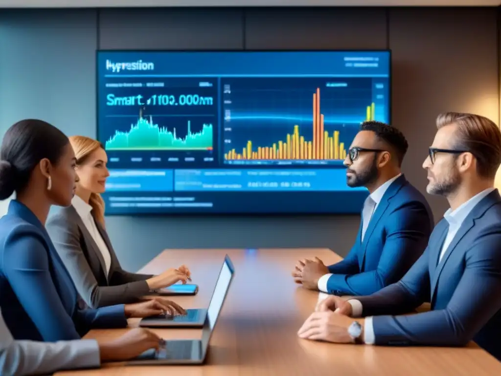 Inversores expertos debatiendo estrategias financieras en sala innovadora Una imagen de alta resolución de un grupo diverso de inversionistas discutiendo estrategias financieras en una sala de juntas moderna y elegante