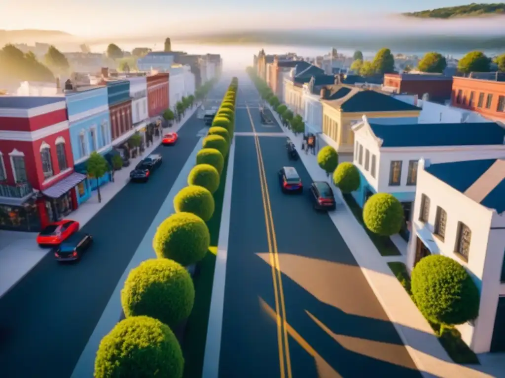 Barrio moderno revitalizado por influencer marketing La imagen muestra un vecindario urbano vibrante transformado por inversiones inmobiliarias internacionales influenciadas