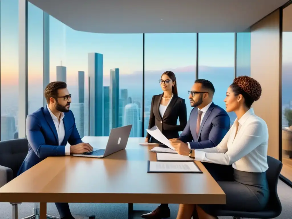 Abogados diversificados debaten inversión inmobiliaria sostenible en moderna oficina legal Una imagen vibrante de abogados diversos discutiendo tendencias legales mercado inmobiliario en una moderna oficina jurídica