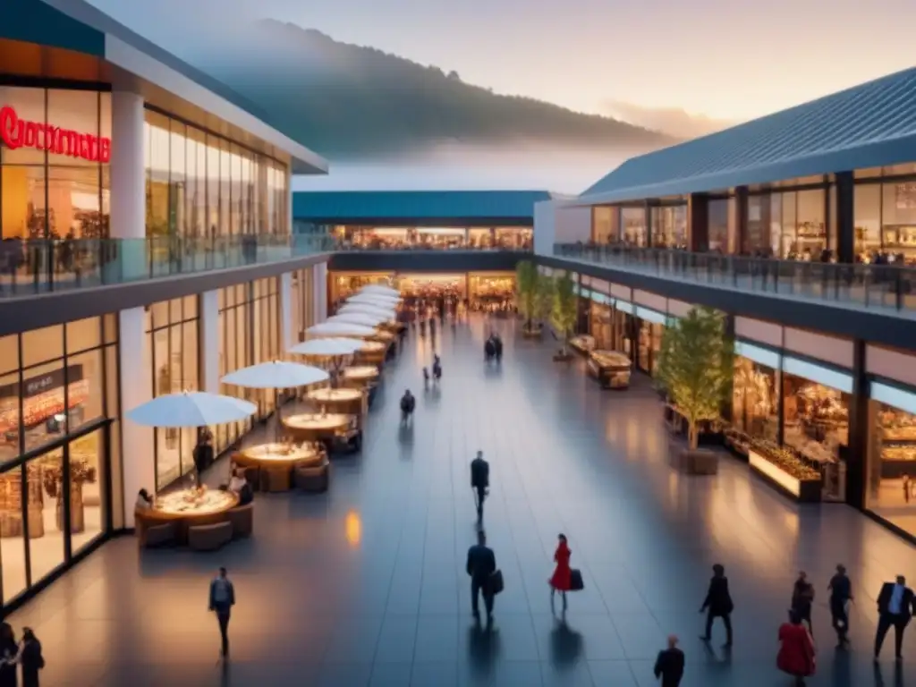 Centro comercial cosmopolita lleno de vida y lujo La imagen muestra un vibrante centro comercial con moderno diseño arquitectónico y diversidad de tiendas
