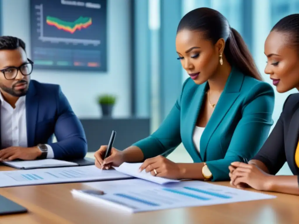Profesionales colaborando en espacio coworking: legal y financiero Una imagen vibrante de profesionales en un coworking internacional, discutiendo con documentos financieros