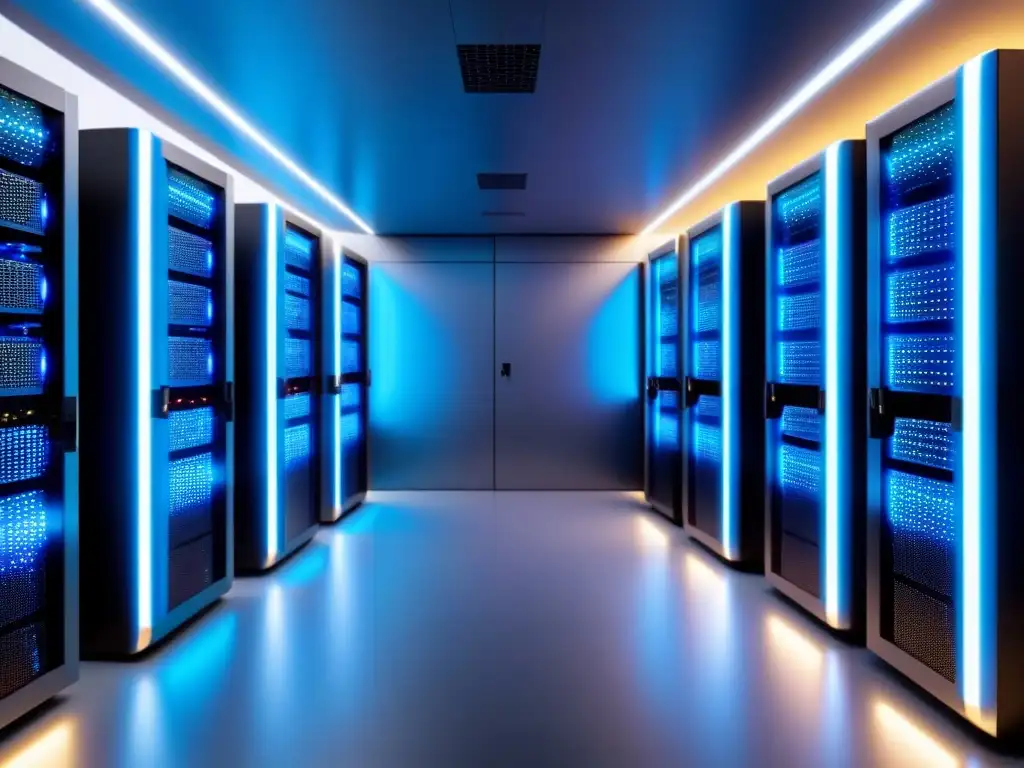 Centro de datos futurista: IA avanzada y tecnología de vanguardia Impactante centro de datos futurista con servidores AI avanzados y redes de datos brillantes, destacando la eficiencia de la inteligencia artificial