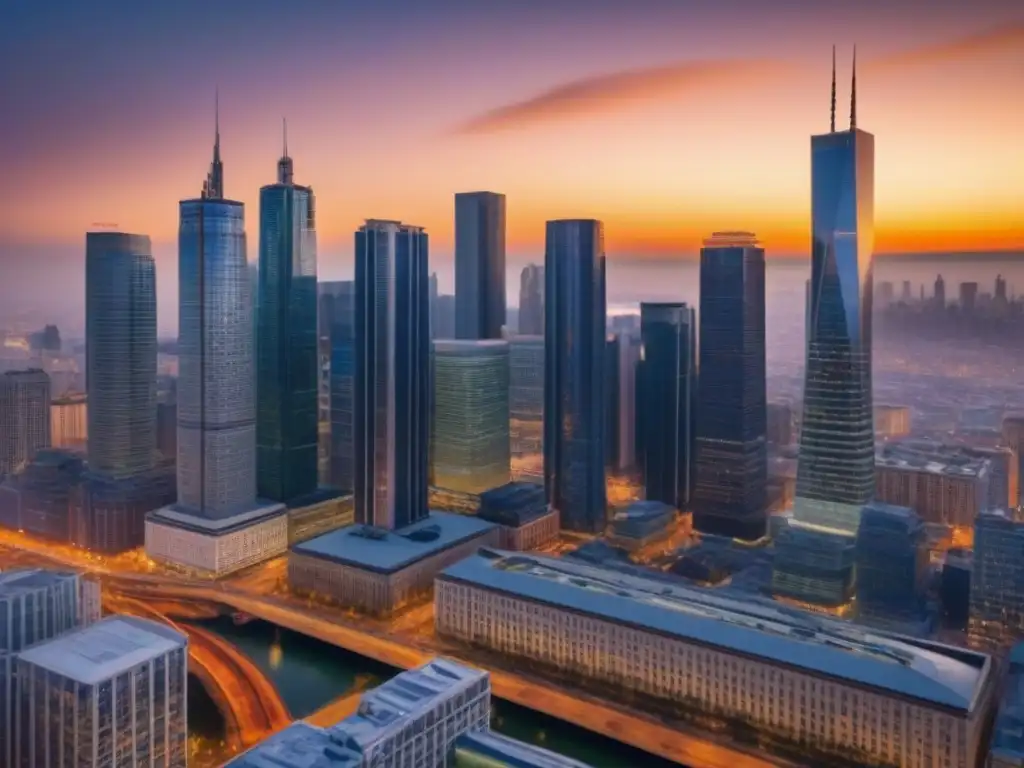 Skyline urbano: debate generacional sobre inversiones inmobiliarias Una impactante ciudad al atardecer, con rascacielos y personas de distintas generaciones debatiendo sobre inversiones inmobiliarias generación cambio