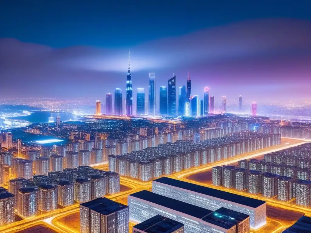 Metrópolis futurista: data centers iluminados en la noche Impactante ciudad futurista de noche con centros de datos integrados, resaltando la inteligencia artificial