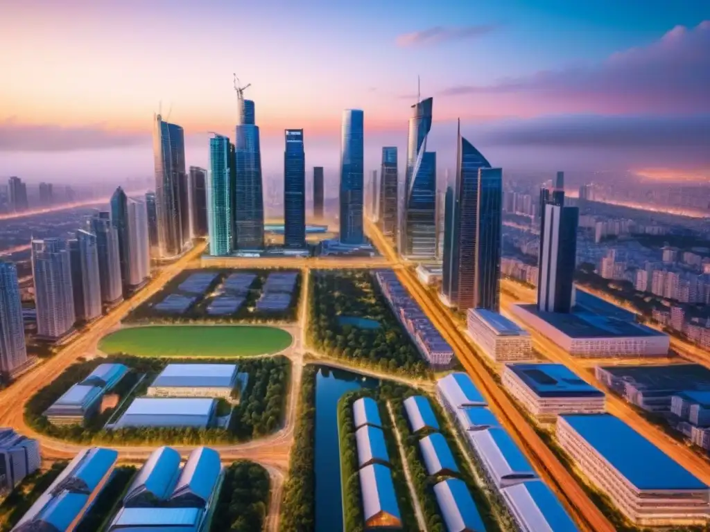 Metrópolis futurista: tecnología inteligente y diseño urbano innovador Impactante ciudad futurista con rascacielos modernos, diseño urbano innovador y tecnología inteligente, bajo un cielo vibrante al atardecer