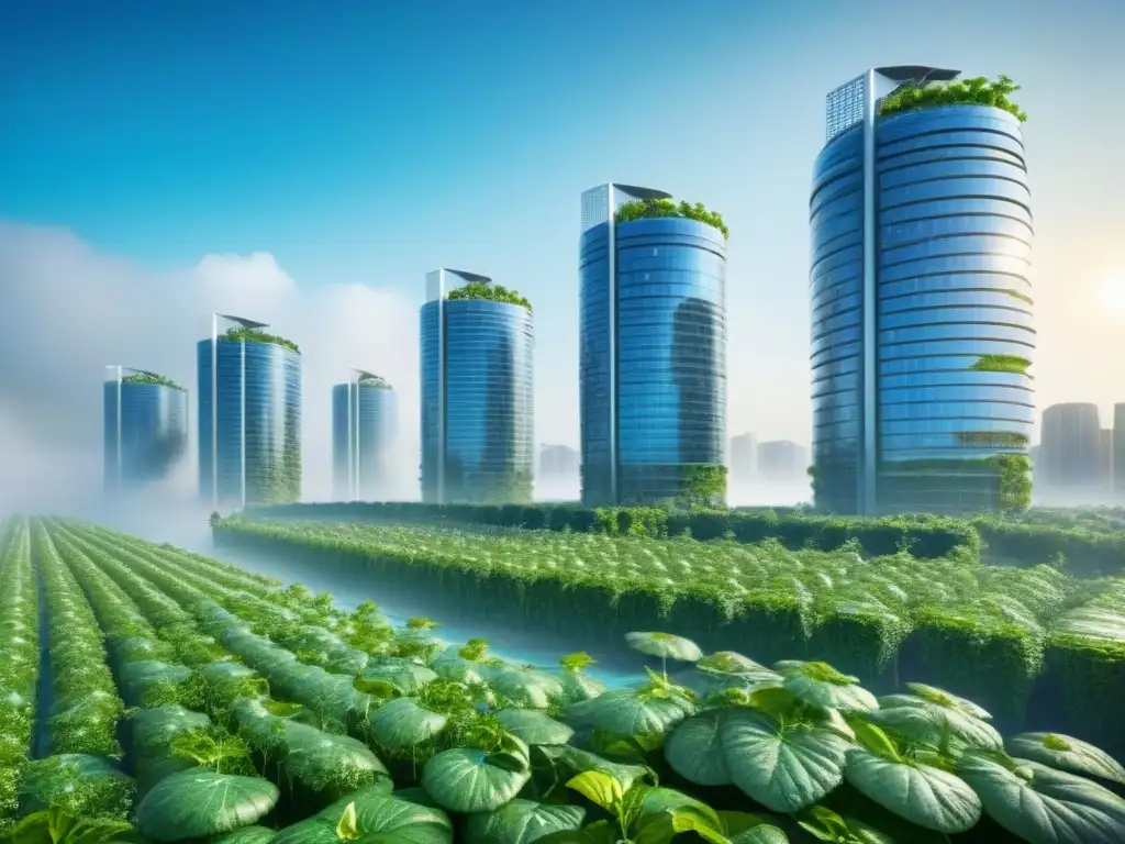 Cityscape futurista: rascacielos sostenibles y naturaleza exuberante Impactante ciudad futurista con rascacielos sostenibles, paneles solares y jardines verticales