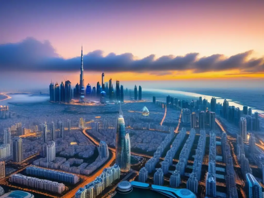 Inversiones globales: horizonte urbano diverso y moderno Una impactante ciudad global con emblemáticos rascacielos de Dubai, Nueva York, Tokio y Londres