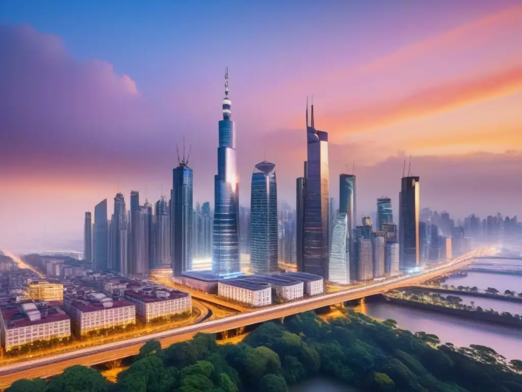 Horizonte urbano en evolución: impacto de fusiones en mercado inmobiliario global Impactante ciudad internacional con rascacielos al atardecer, reflejando fusiones en mercado inmobiliario internacional