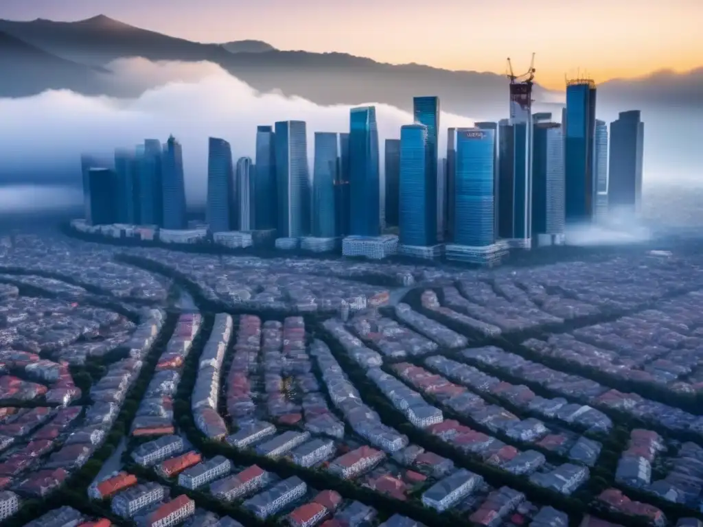 Metrópolis resistente: terremoto y arquitectura moderna Impactante ciudad moderna en equilibrio ante terremoto, resaltando la importancia del seguro propiedad zonas terremotos