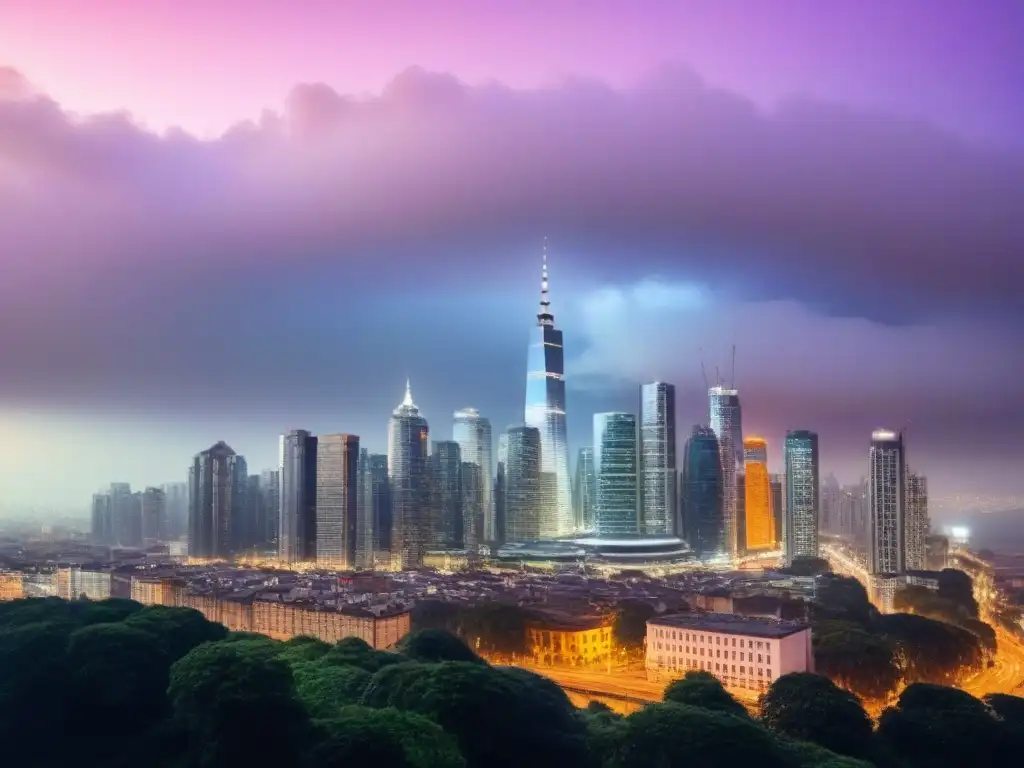 Horizonte urbano: modernos rascacielos y luces de ciudad Impactante ciudad moderna con rascacielos y luces, reflejando vitalidad urbana y Ética en inversiones inmobiliarias internacionales
